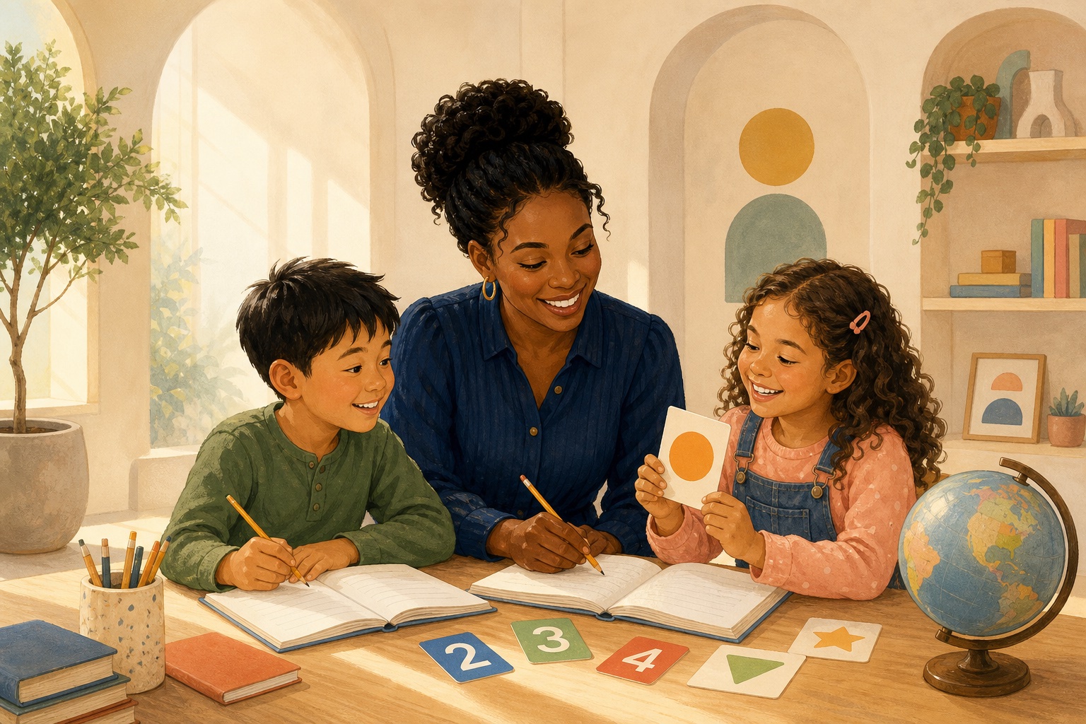 A teacher helping two elementary students learn together